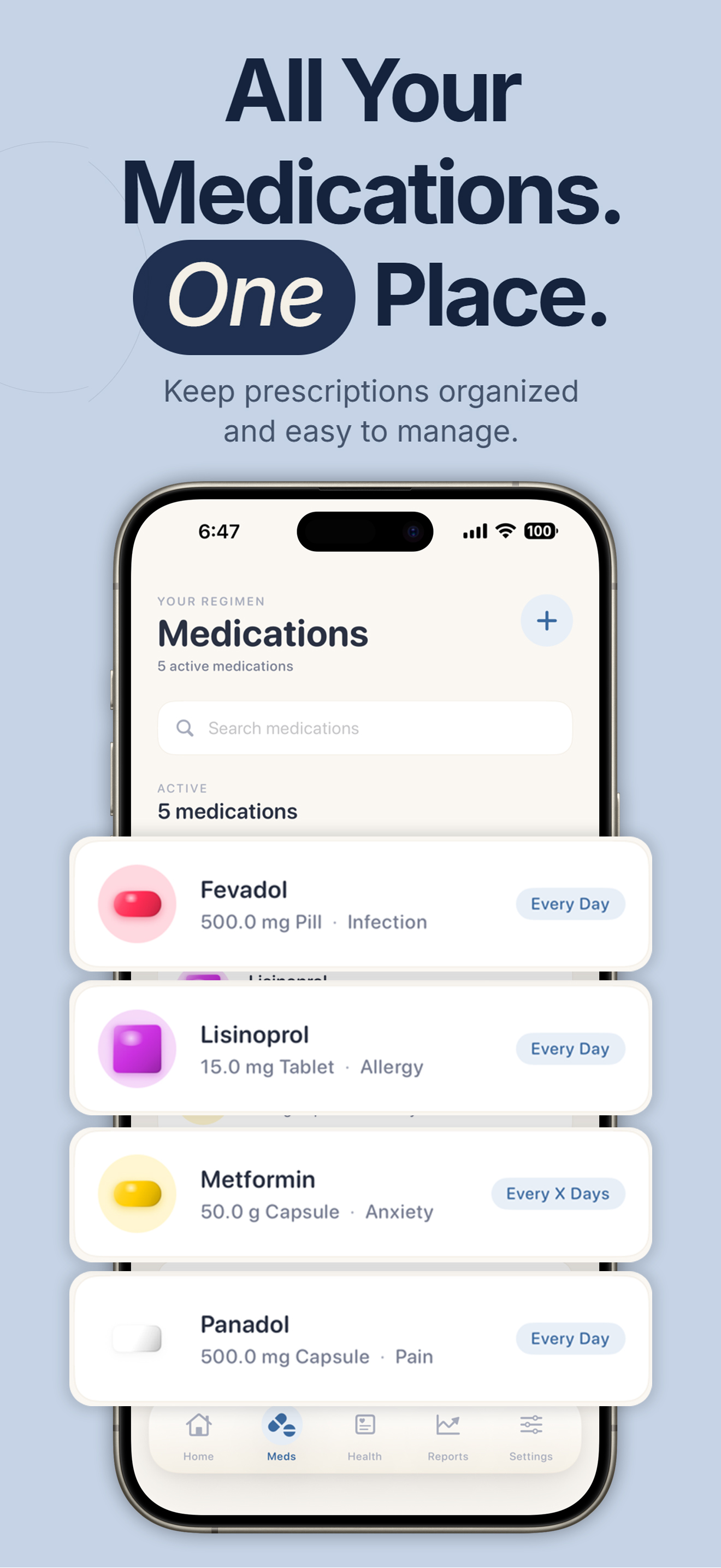PillRem medications list with five active medications and search