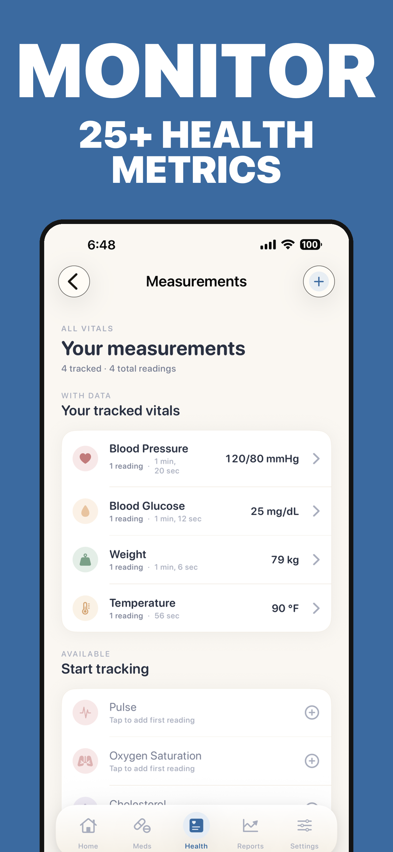 PillRem health metrics dashboard showing blood pressure and weight