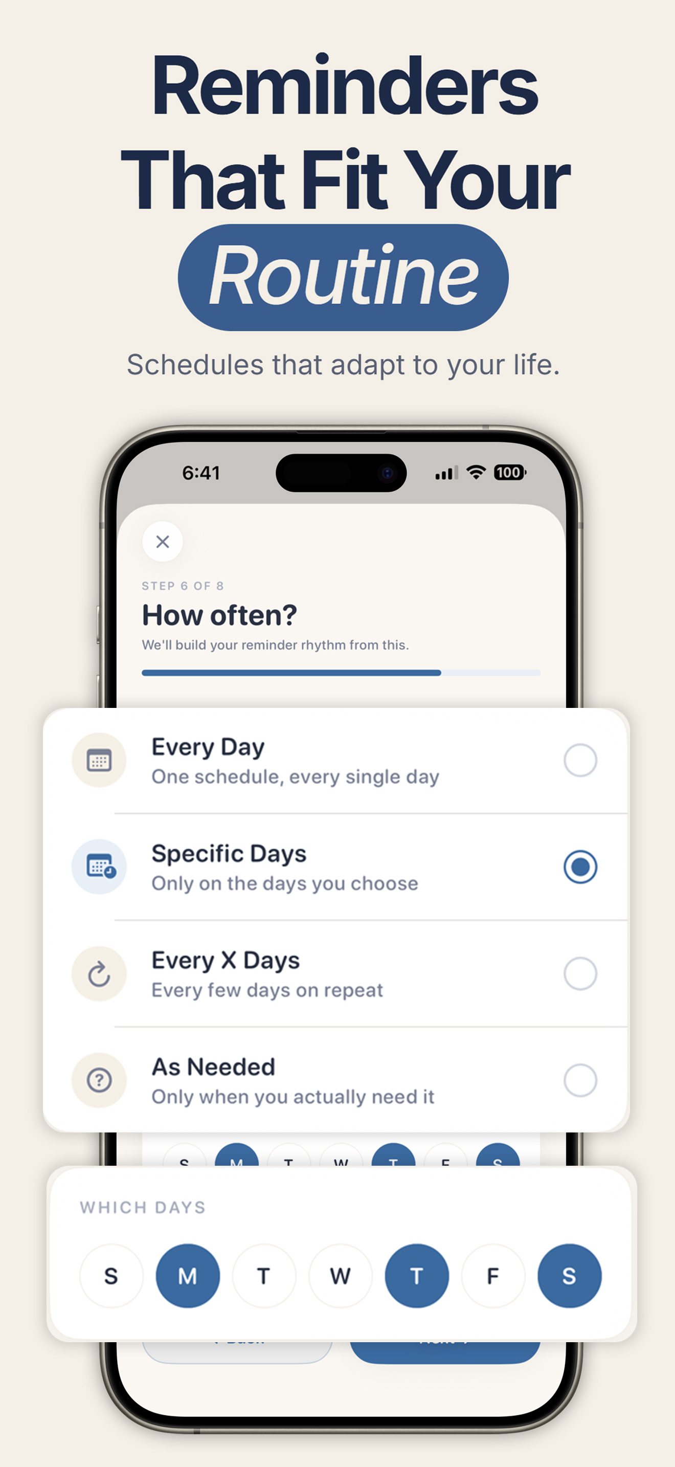 PillRem reminder frequency picker with daily, specific days, every X days, as needed options