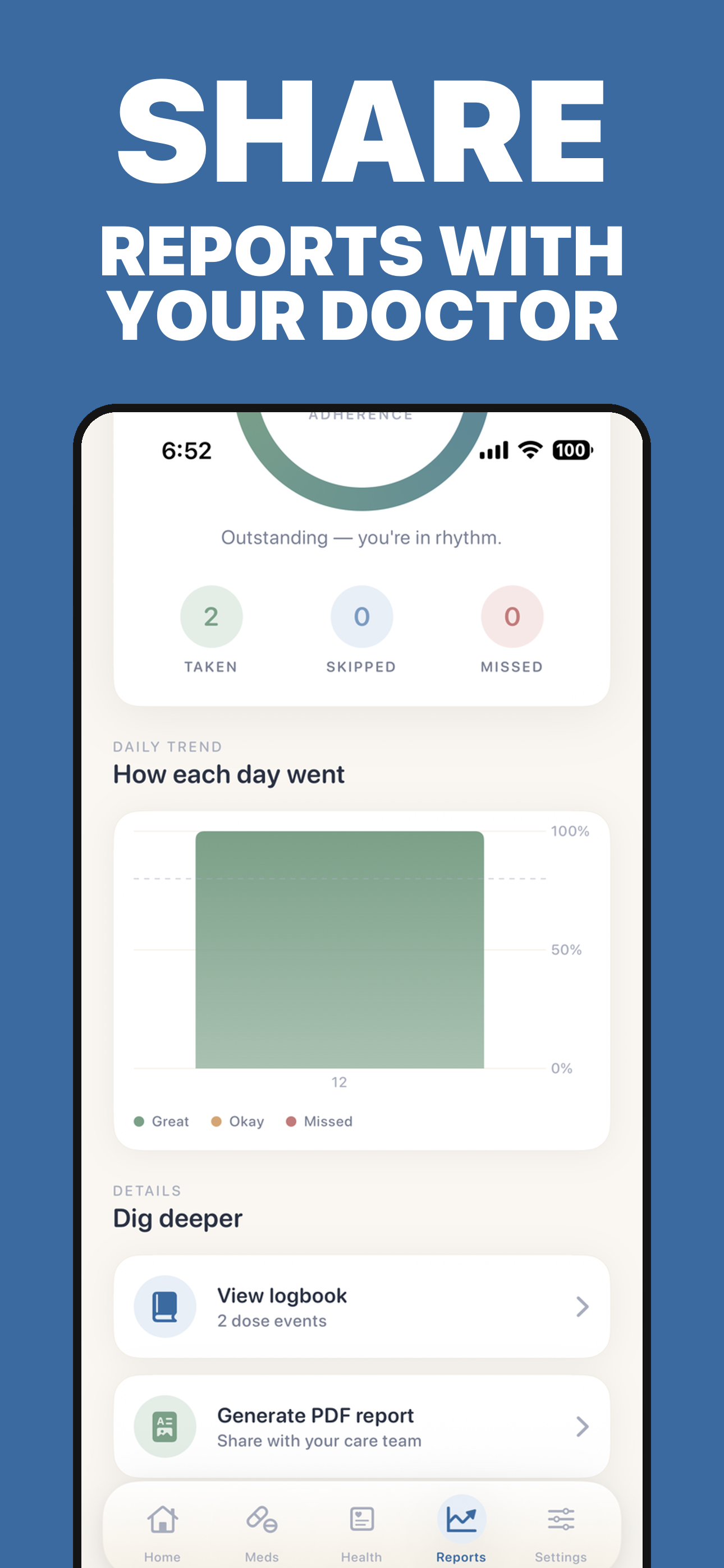 PillRem doctor-ready PDF report with medication history and adherence
