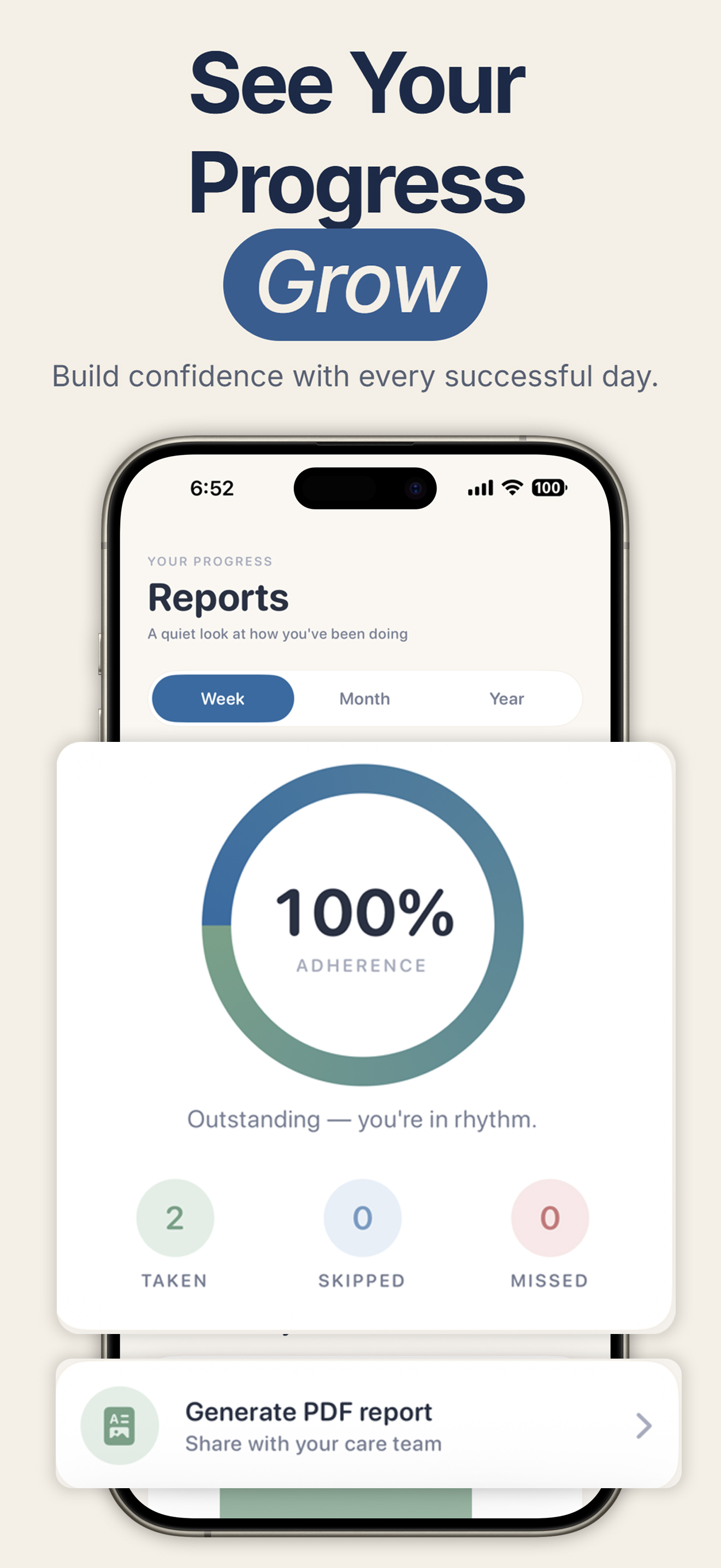 PillRem Reports screen with 100% weekly adherence ring and Generate PDF report option