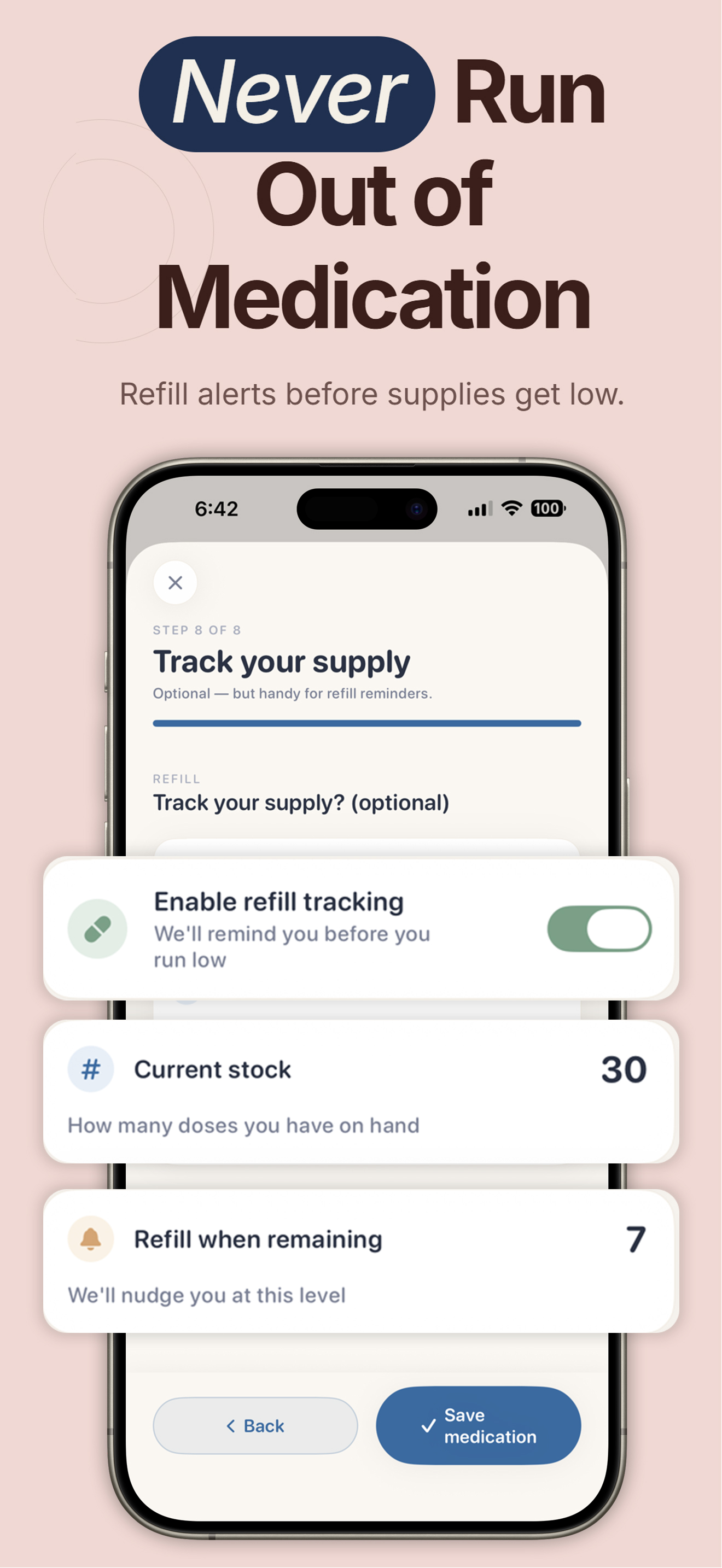 PillRem refill tracking step with current stock 30 and refill threshold 7